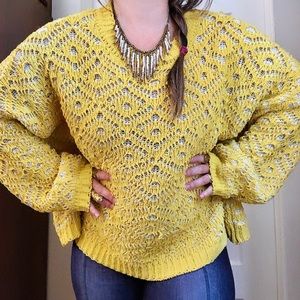 Soft Yellow Chenille Lace Diamond Pattern Sweater